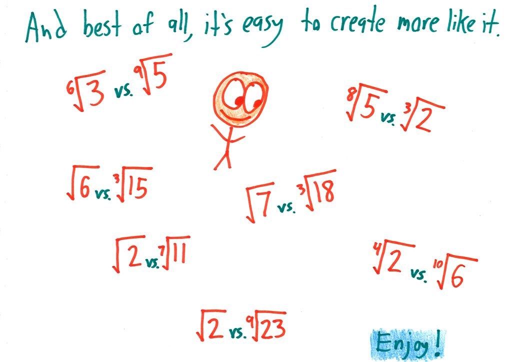 An illustrated walkthrough of comparing ¹⁰√10 and ³√2 by raising both to the 30th power (1000 vs. 1024), with more practice pairs. (panel 11 of 11)