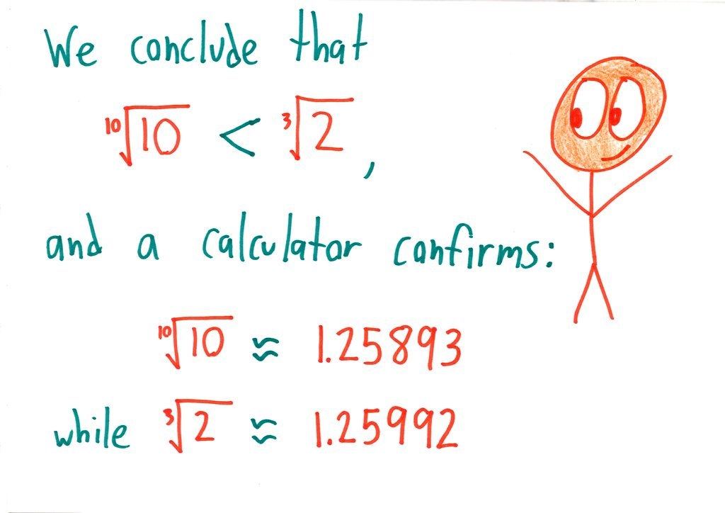 An illustrated walkthrough of comparing ¹⁰√10 and ³√2 by raising both to the 30th power (1000 vs. 1024), with more practice pairs. (panel 9 of 11)