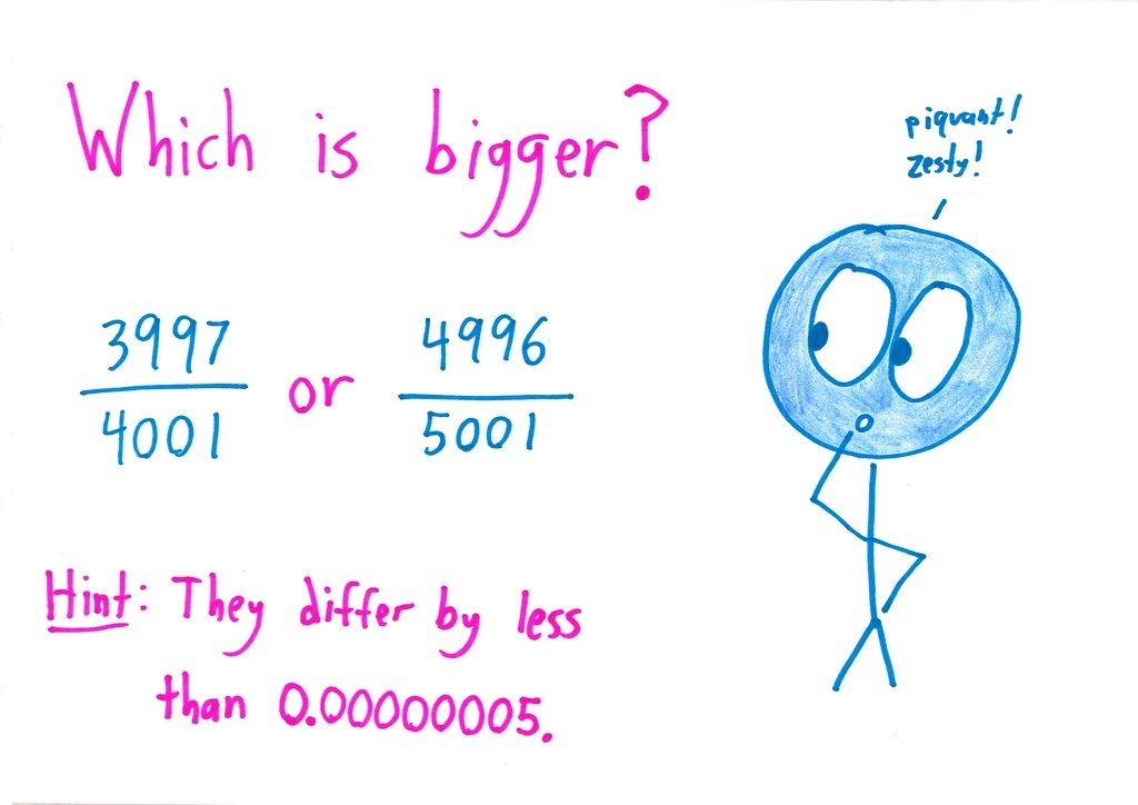 An illustrated walkthrough of comparing 3997/4001 and 4996/5001 by looking at the 'missing pieces' (each just shy of 1/1000), with more practice pairs. (panel 2 of 11)
