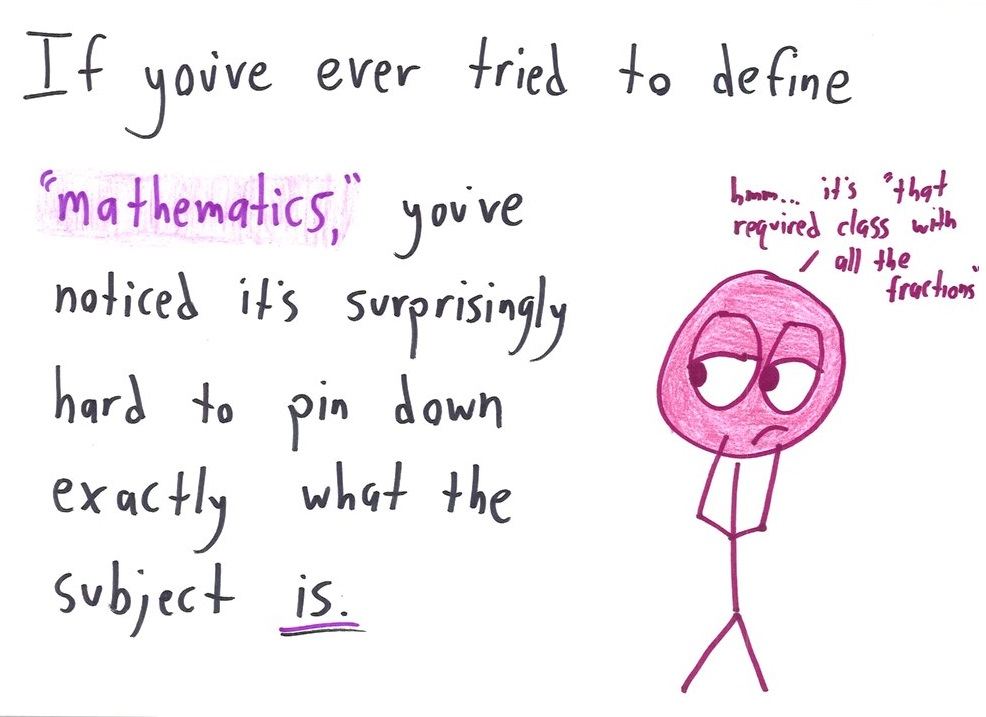 A nine-card essay defining mathematics (after Eugenia Cheng) as the one field where logic reigns alone, unlike science, law and history, ending with a sigh at the task of defining logic. (panel 1 of 9)