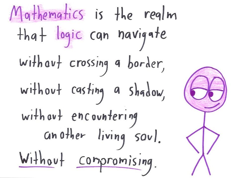 A nine-card essay defining mathematics (after Eugenia Cheng) as the one field where logic reigns alone, unlike science, law and history, ending with a sigh at the task of defining logic. (panel 7 of 9)