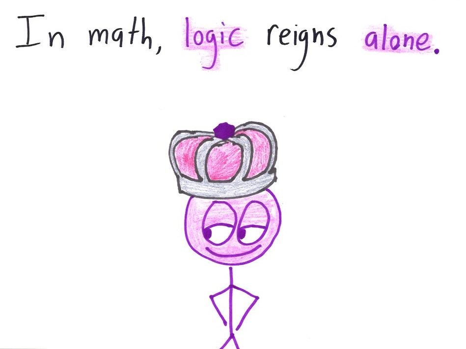 A nine-card essay defining mathematics (after Eugenia Cheng) as the one field where logic reigns alone, unlike science, law and history, ending with a sigh at the task of defining logic. (panel 8 of 9)