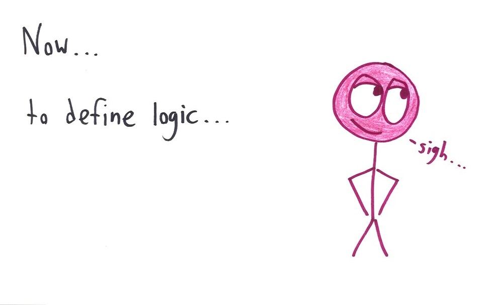 A nine-card essay defining mathematics (after Eugenia Cheng) as the one field where logic reigns alone, unlike science, law and history, ending with a sigh at the task of defining logic. (panel 9 of 9)