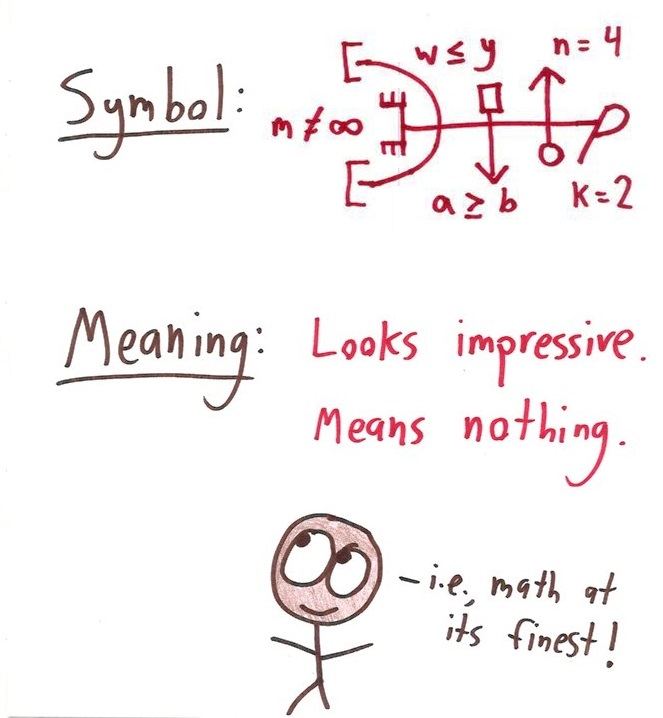 Nine invented math symbols, each with a definition and example: 'equal, I hope,' a causation coefficient, a 'much greater than,' an iterated-composition operator, and a Prince-style glyph for i. (panel 8 of 9)