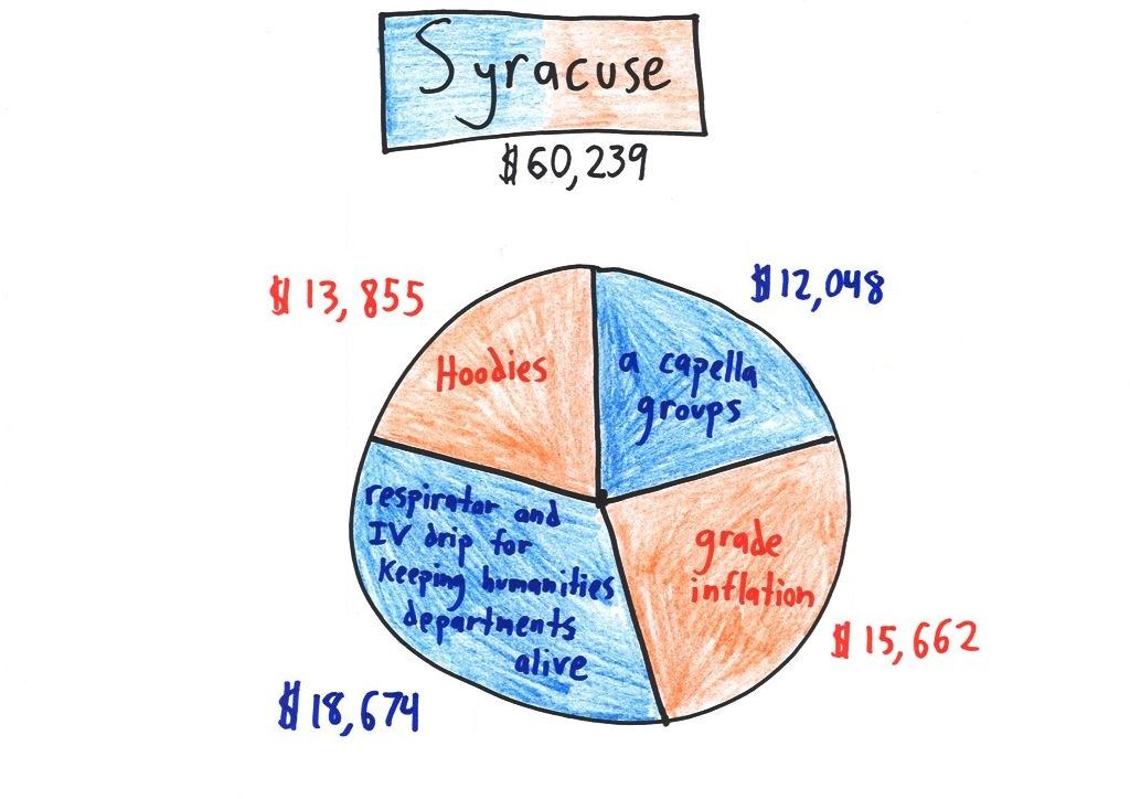 Ten satirical pie charts of where tuition goes at Berkeley, Syracuse, Princeton, Duke, MIT, USC, UW Madison, NYU, Ohio State and Hogwarts. (panel 2 of 10)