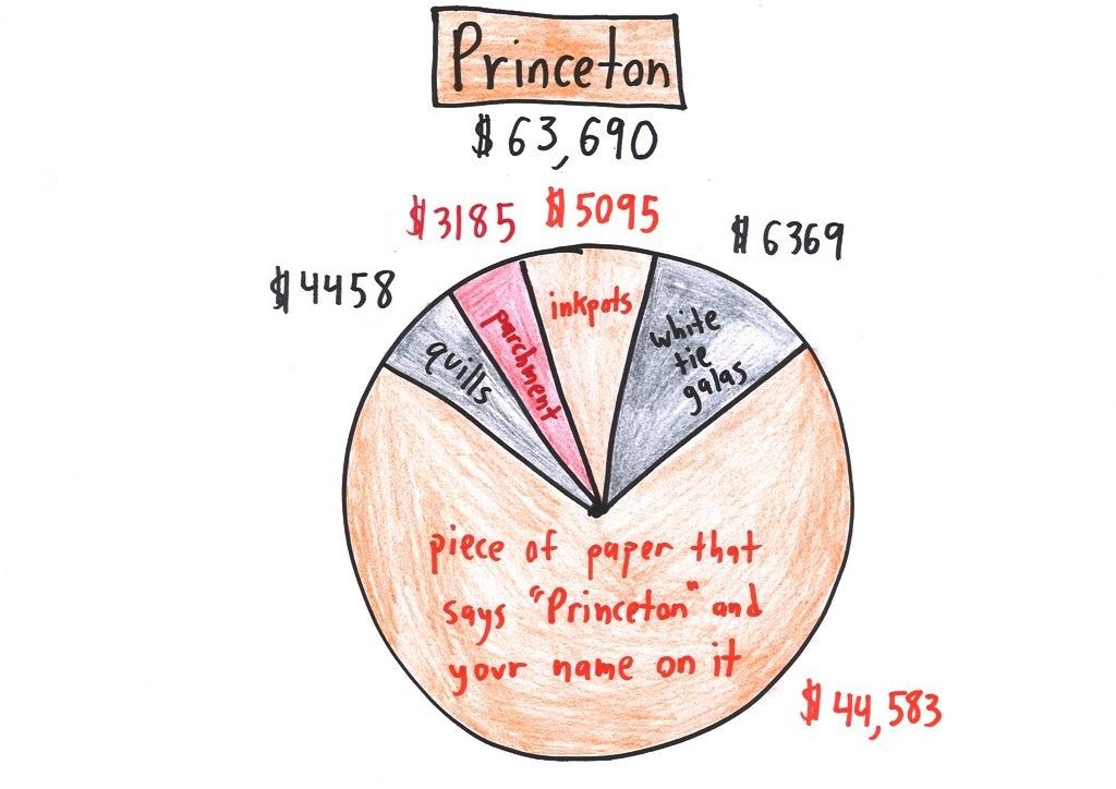Ten satirical pie charts of where tuition goes at Berkeley, Syracuse, Princeton, Duke, MIT, USC, UW Madison, NYU, Ohio State and Hogwarts. (panel 3 of 10)