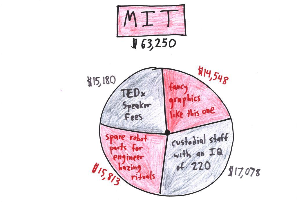 Ten satirical pie charts of where tuition goes at Berkeley, Syracuse, Princeton, Duke, MIT, USC, UW Madison, NYU, Ohio State and Hogwarts. (panel 5 of 10)