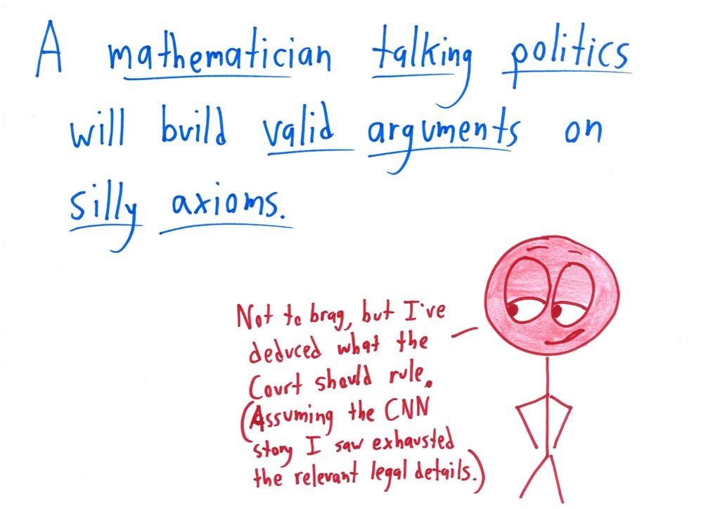 A matched pair: mathematicians reason validly from silly axioms when talking politics; politicians start from valid axioms and reason sillily when talking math ($4 million vs. $4 billion). (panel 1 of 2)