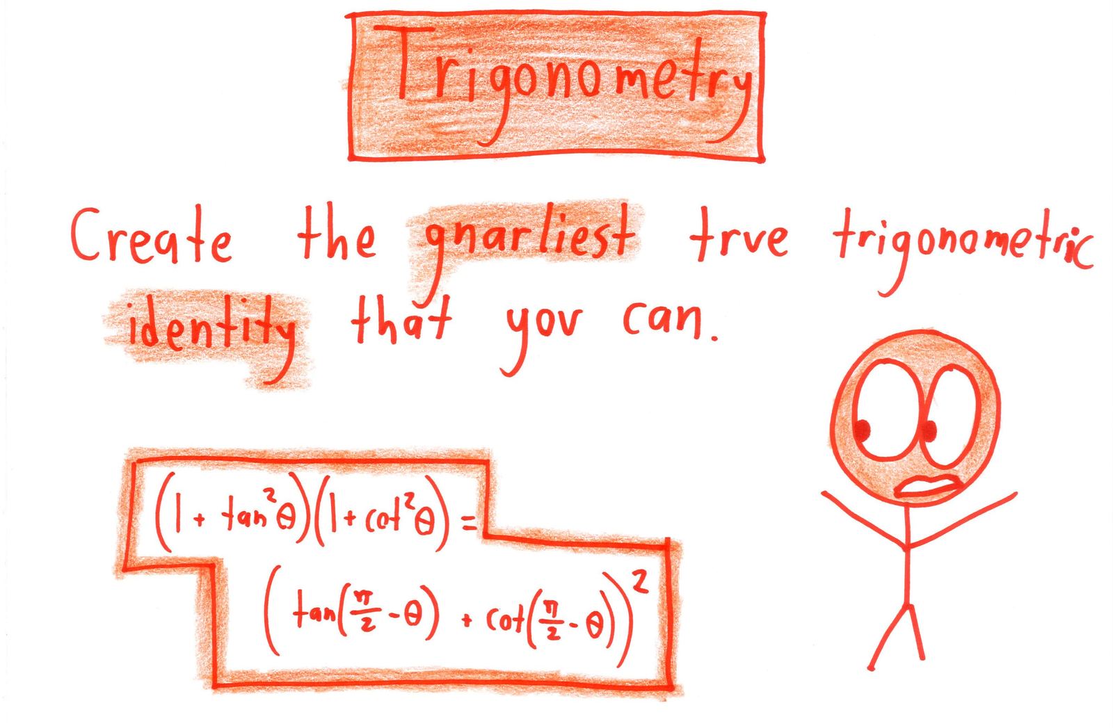 Seven open-ended, one-question exams, one per course: non-Euclidean geometry, fractions between 5/7 and 5/8, mountain ranges from piecewise lines and polynomials, designing an experiment, 1-liter vases as solids of revolution, and the gnarliest trig identity. (panel 7 of 7)