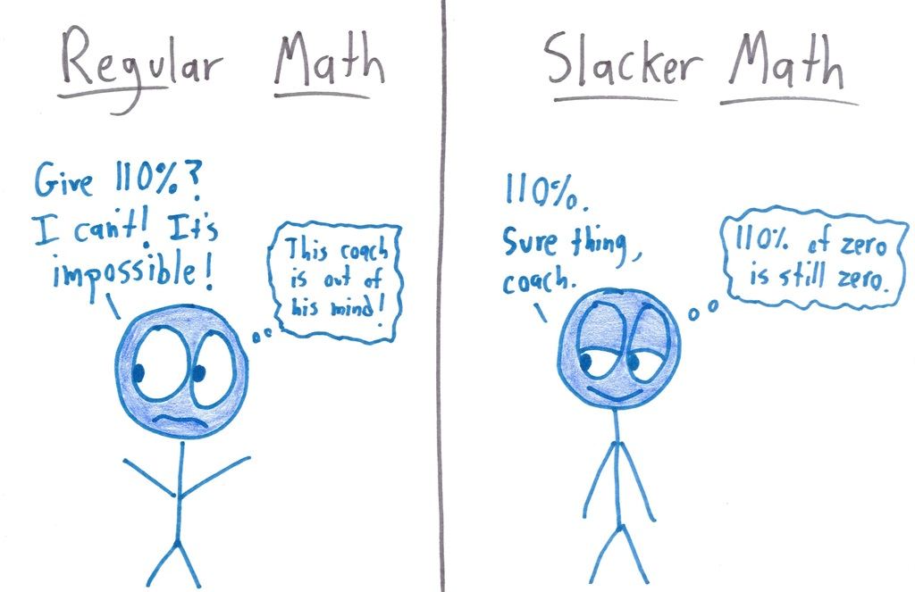 Split panel: one stick figure panics at a coach's demand for 110% effort; the other happily agrees, privately noting that 110% of zero is still zero.