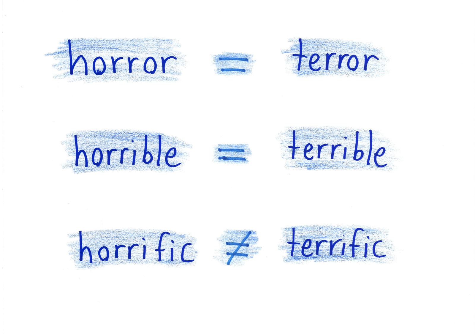 Three word pairs written like equations: horror equals terror and horrible equals terrible, but horrific does not equal terrific.
