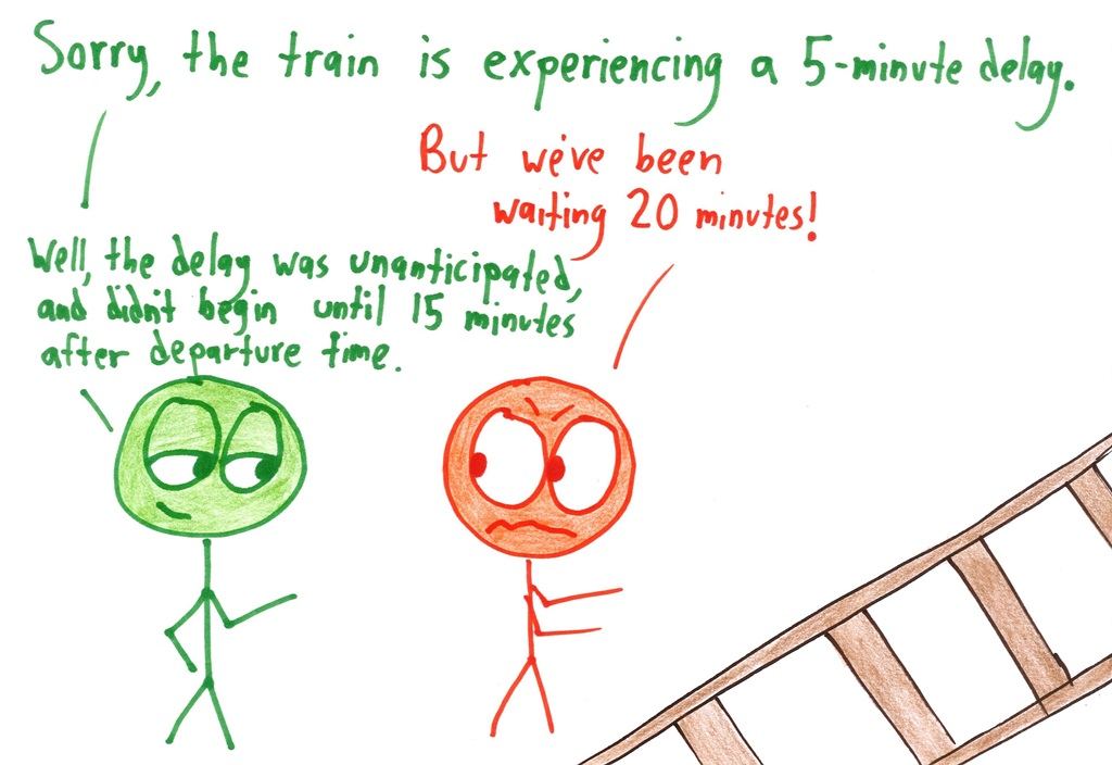 A frustrated passenger by the train tracks gets a technically-true explanation of a delay that only 'began' 15 minutes after departure.