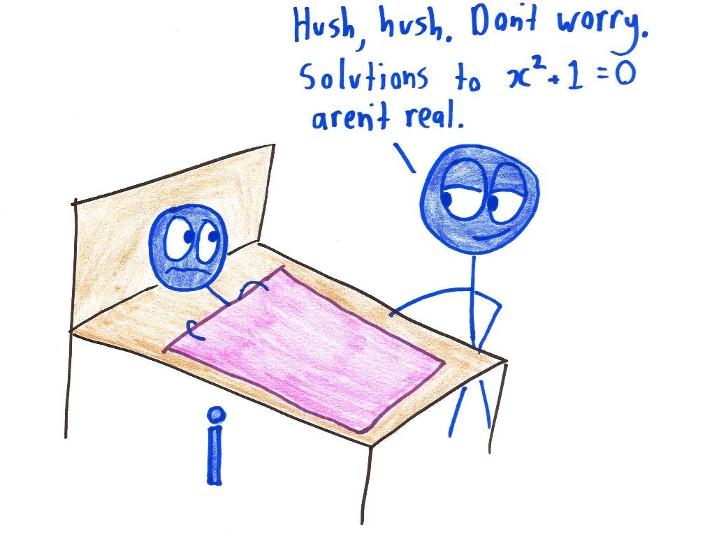 A parent tucks in a frightened child, reassuring them that the solutions to x² + 1 = 0 aren't real, while a little i hides under the bed like a monster.