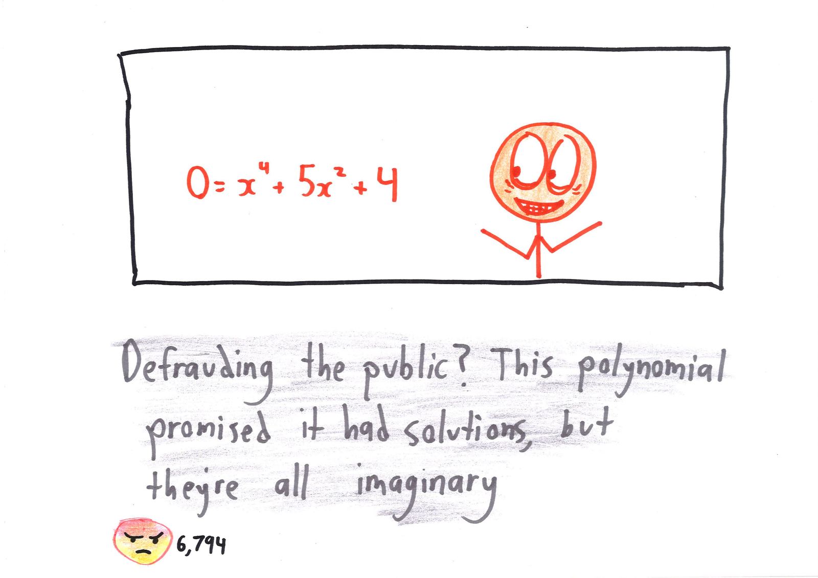 A scandal headline: x⁴ + 5x² + 4 promised solutions, but they're all imaginary.