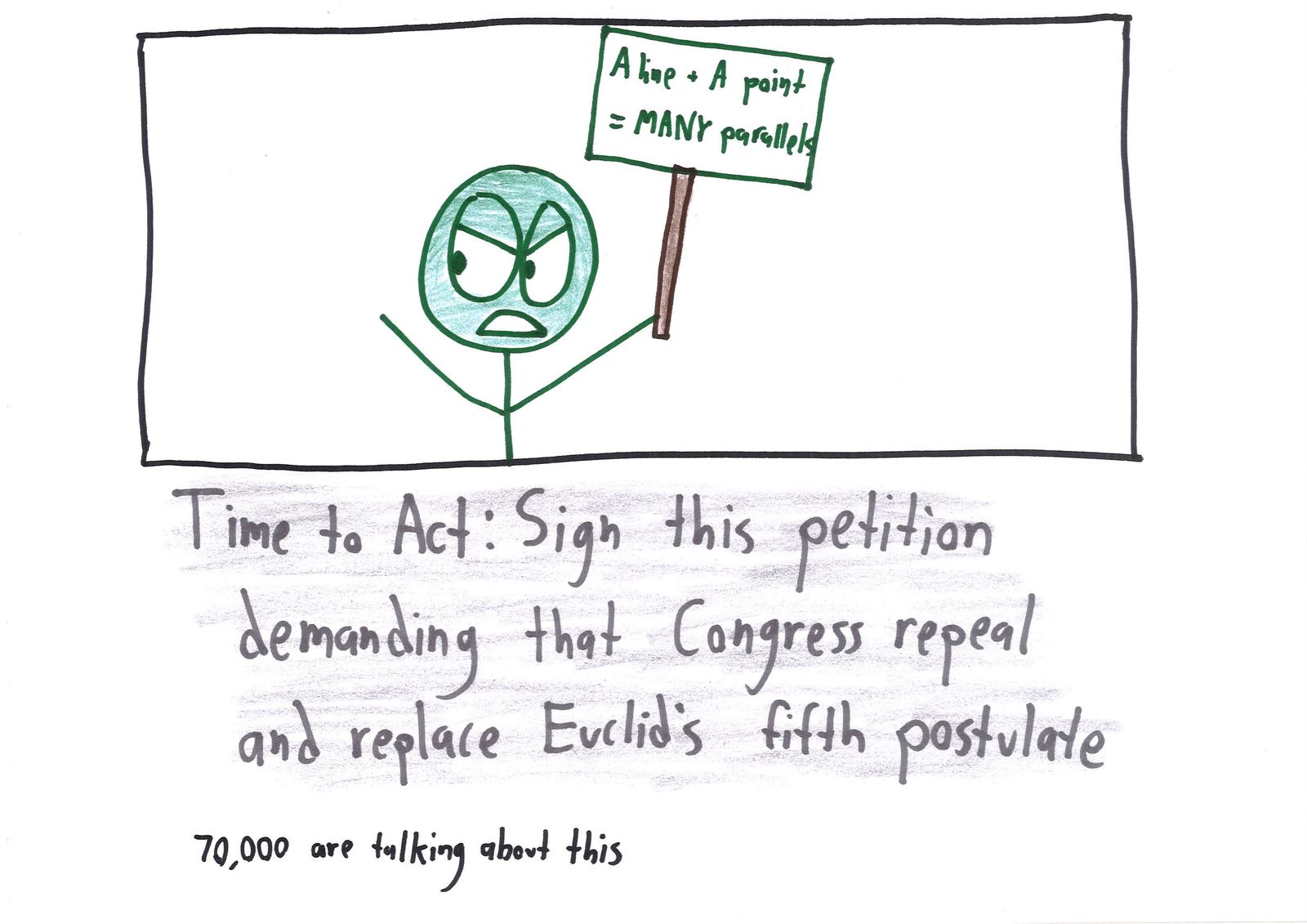 An activist headline: a petition for Congress to repeal and replace Euclid's fifth postulate (the sign shows the hyperbolic alternative).
