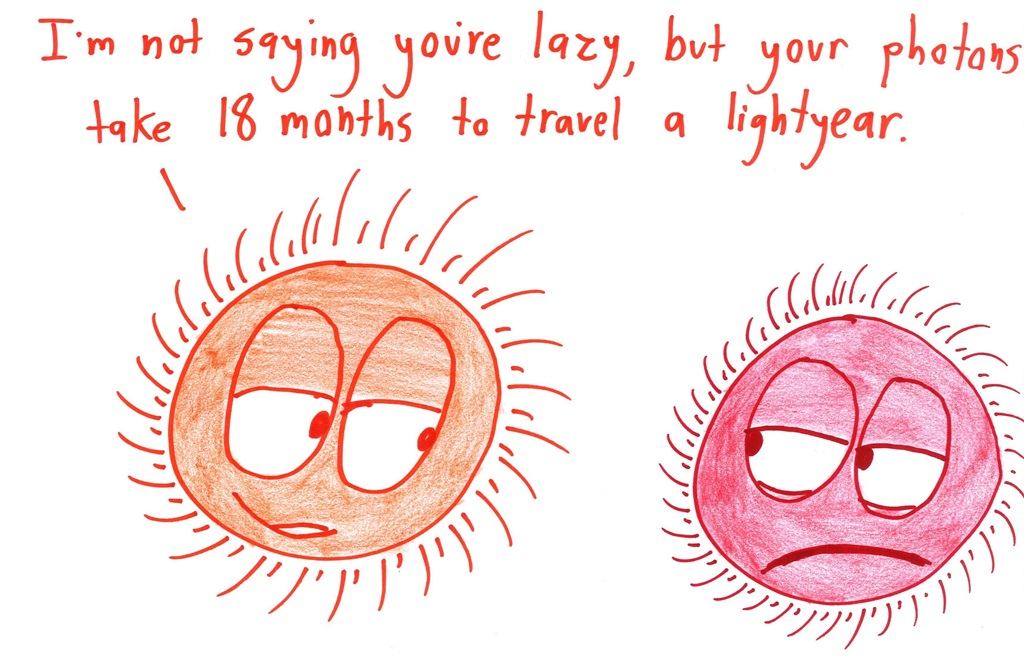 One sun insults another, whose sad face suggests it knows its light is slower than light should be.
