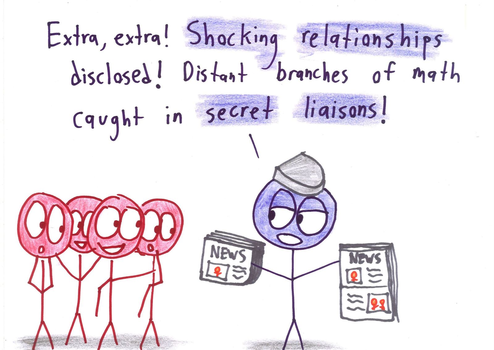 A newsboy hawks a scandal: distant branches of math caught in secret liaisons, the tabloid version of surprising connections between fields.