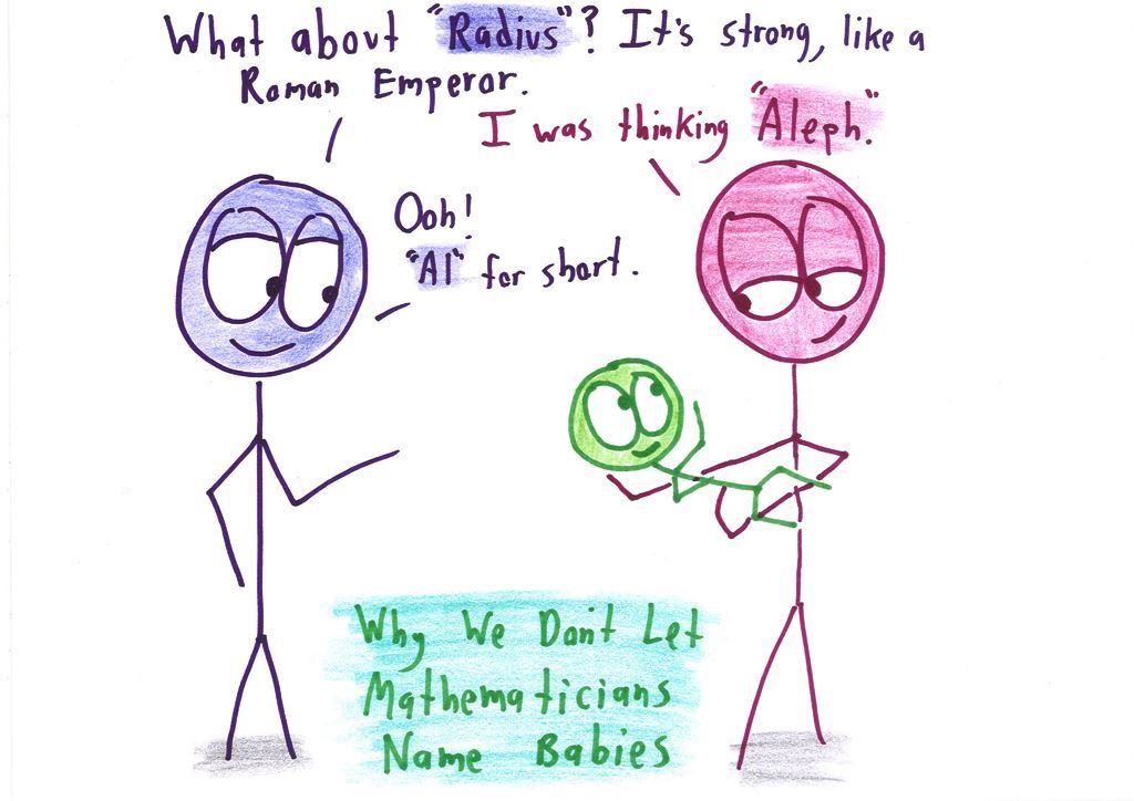 Two new parents suggest math-themed baby names, Radius and Aleph, as the baby looks on.