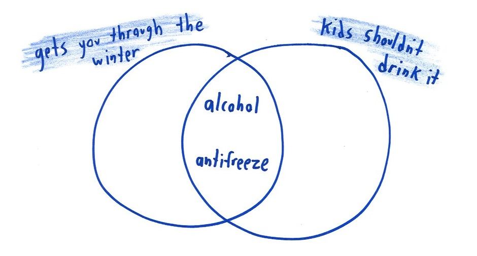 Twelve silly Venn diagrams of everyday things, with two or three overlapping categories and a surprising item in the middle: raccoons, fortune cookies, carpets, ice hockey. (panel 2 of 12)