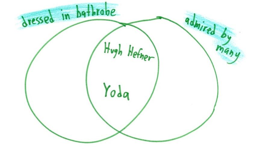 Twelve silly Venn diagrams of everyday things, with two or three overlapping categories and a surprising item in the middle: raccoons, fortune cookies, carpets, ice hockey. (panel 9 of 12)