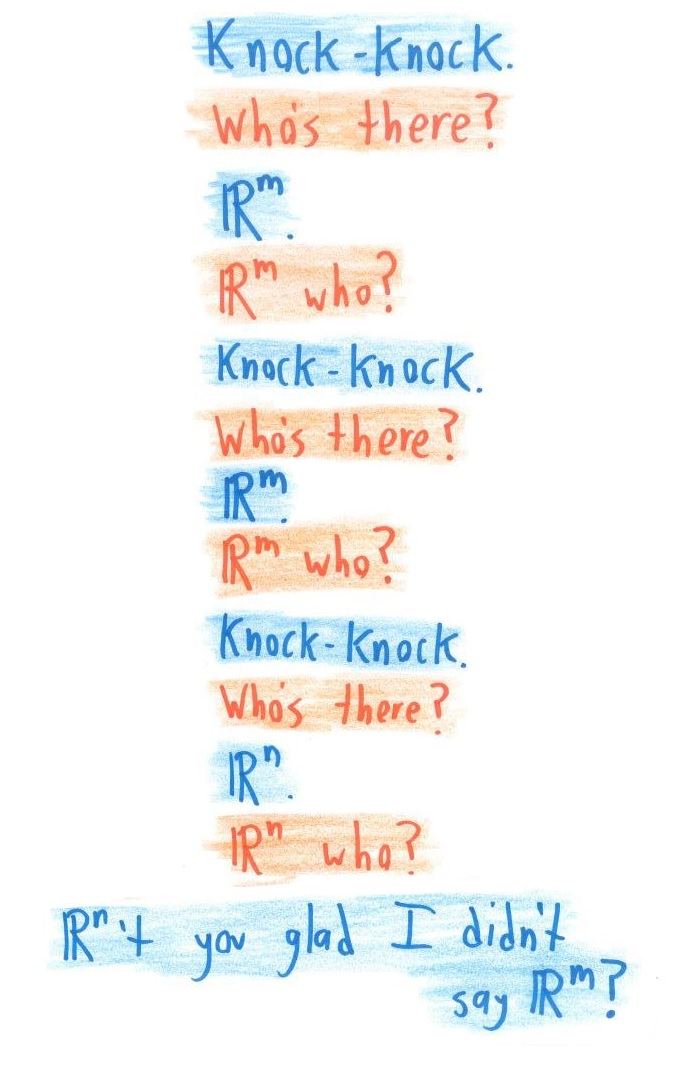 A text-only knock-knock joke using ℝᵐ and ℝⁿ in place of the classic 'banana' and 'orange.'