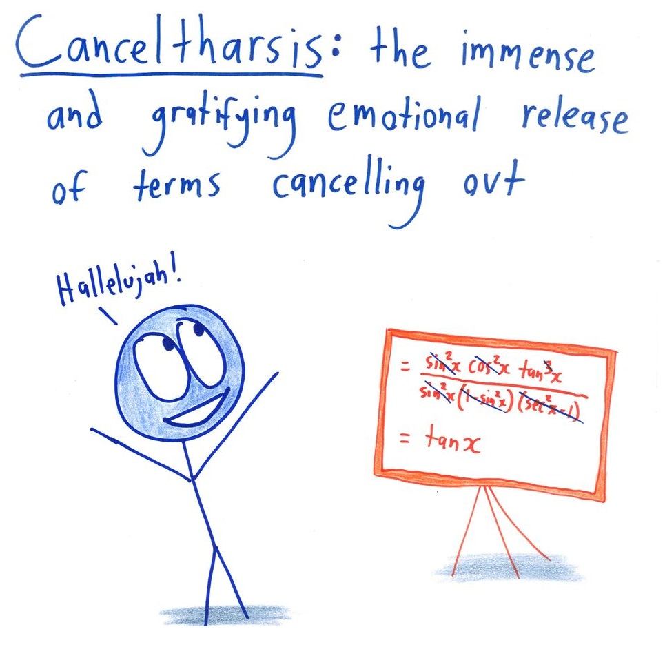 Ten invented words for emotions that come with doing math, from 'canceltharsis' (the joy of terms cancelling) to 'algebrage' (fury at a tiny algebra error). (panel 1 of 10)