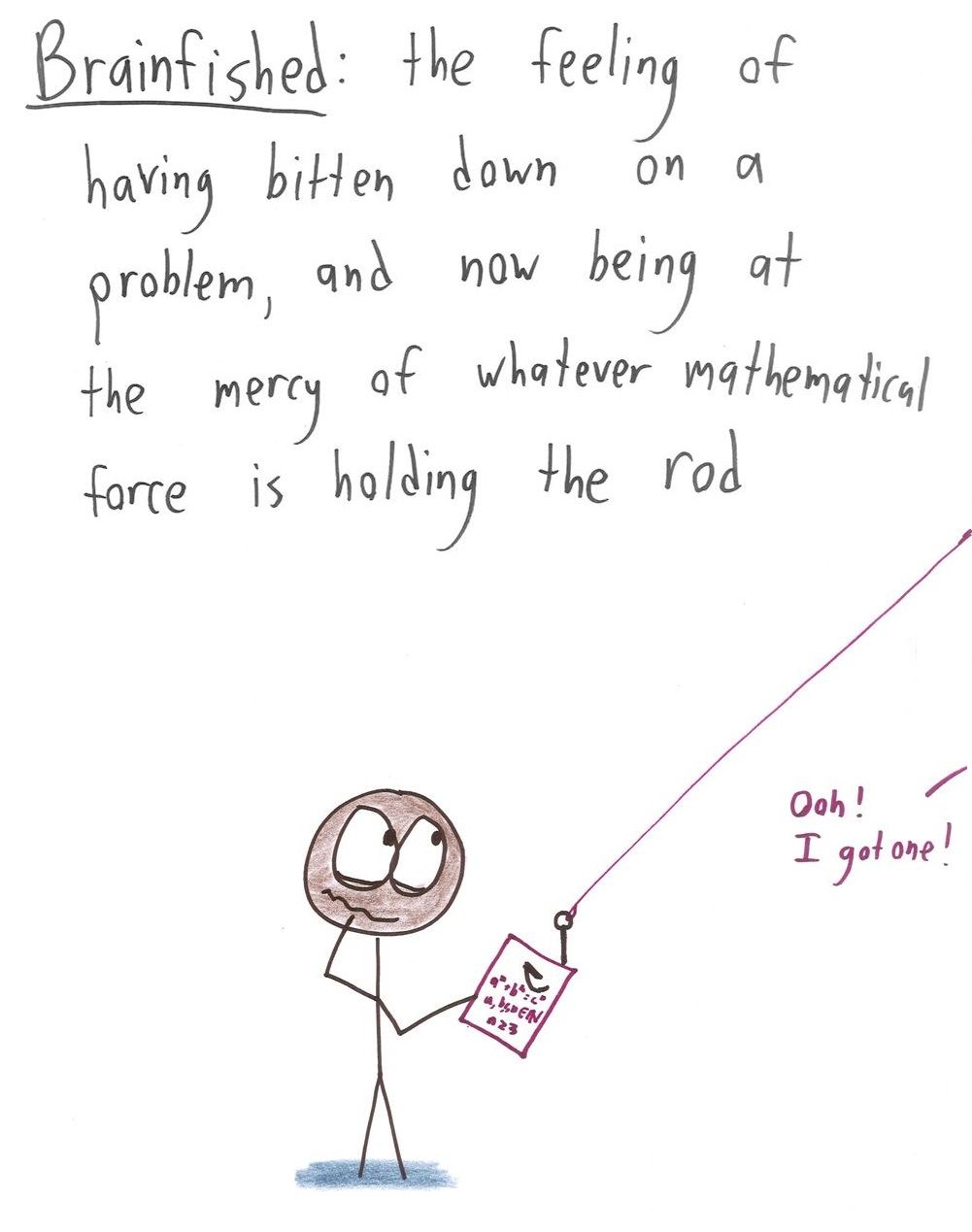 Ten invented words for emotions that come with doing math, from 'canceltharsis' (the joy of terms cancelling) to 'algebrage' (fury at a tiny algebra error). (panel 10 of 10)