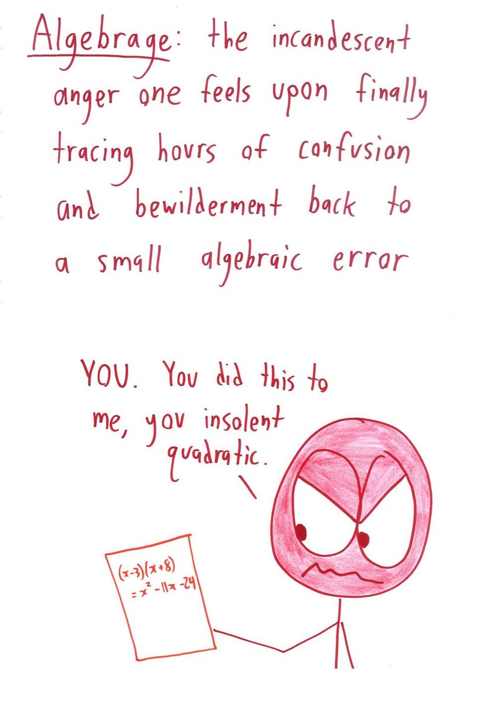 Ten invented words for emotions that come with doing math, from 'canceltharsis' (the joy of terms cancelling) to 'algebrage' (fury at a tiny algebra error). (panel 6 of 10)
