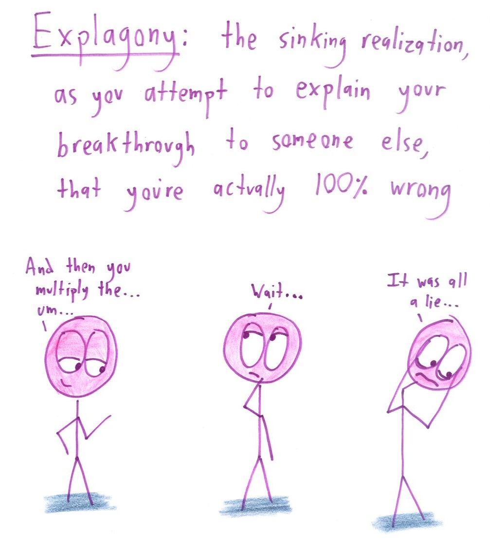 Ten invented words for emotions that come with doing math, from 'canceltharsis' (the joy of terms cancelling) to 'algebrage' (fury at a tiny algebra error). (panel 8 of 10)