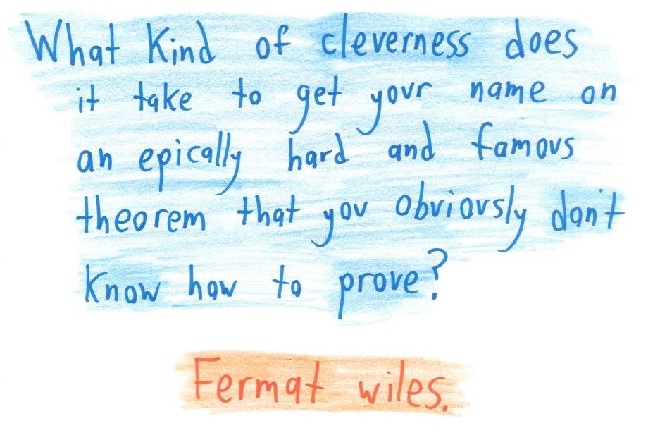 Riddle in text only: a pun on 'feminine wiles' about Fermat's Last Theorem, proved centuries later by Andrew Wiles.