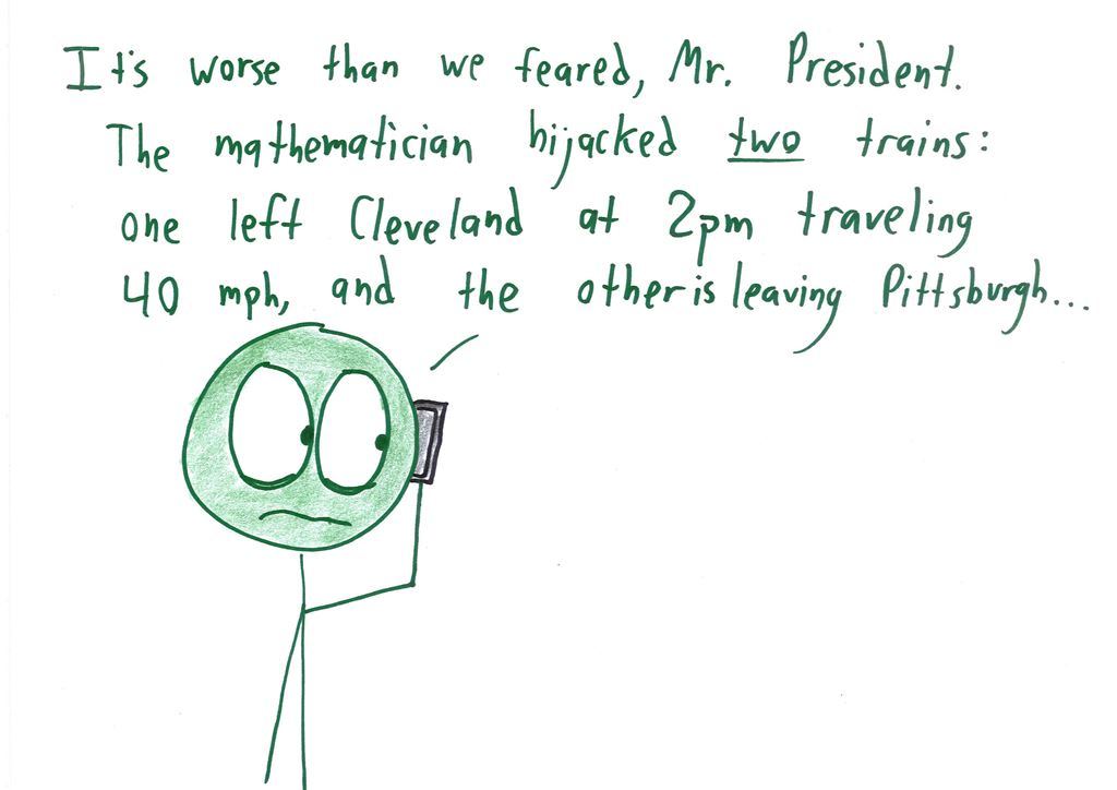 Seven evil masterminds behind math's most annoying features: train word problems, inconsistent trig notation, FOIL, a paradoxical logic exam, decimal commas, and deliberately obscure writing. (panel 1 of 7)