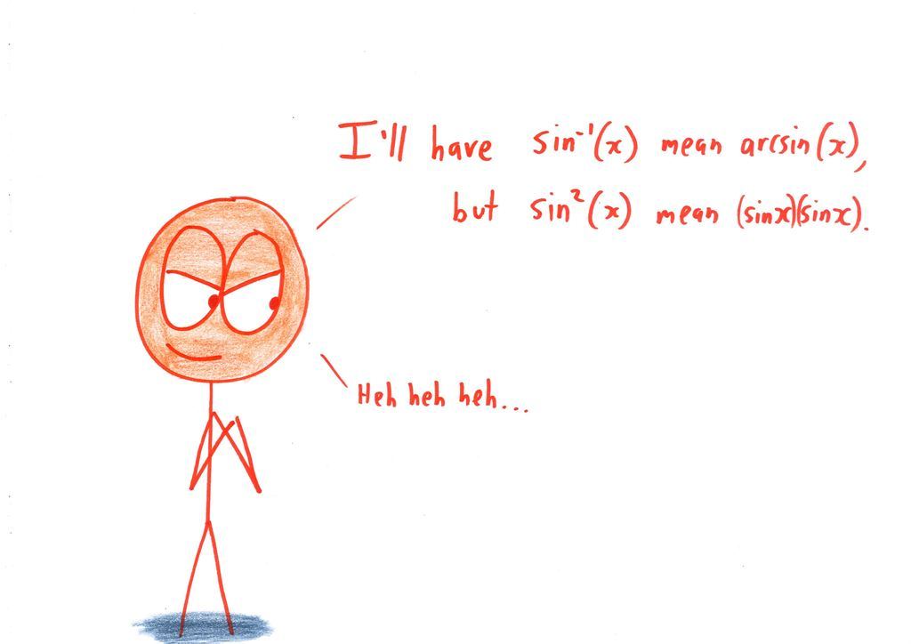 Seven evil masterminds behind math's most annoying features: train word problems, inconsistent trig notation, FOIL, a paradoxical logic exam, decimal commas, and deliberately obscure writing. (panel 2 of 7)