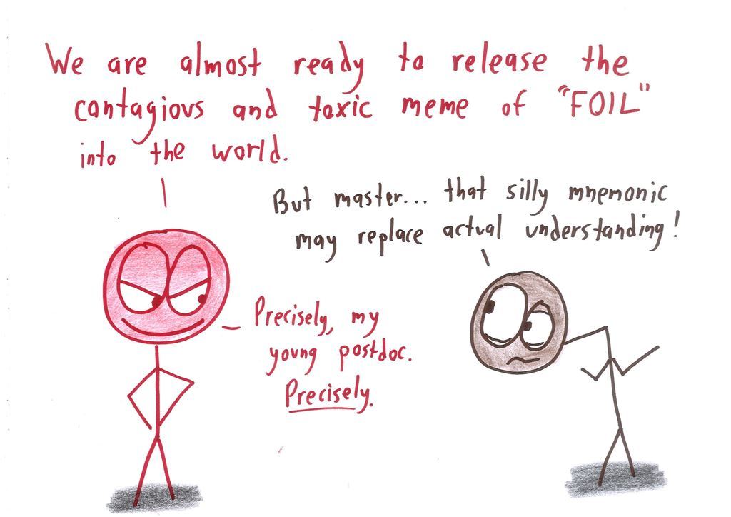 Seven evil masterminds behind math's most annoying features: train word problems, inconsistent trig notation, FOIL, a paradoxical logic exam, decimal commas, and deliberately obscure writing. (panel 4 of 7)
