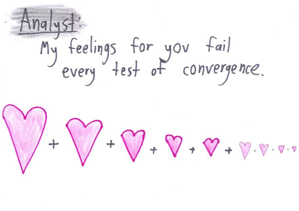 Ten Valentine's declarations, one per branch of math: divergent series, hyperbolic parallels, topological invariants, the null hypothesis, a binomial coefficient, a global optimum, a biconditional and a prime. (panel 1 of 10)