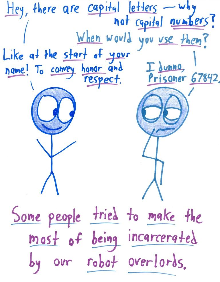 Two prisoners of a robot regime, known only by numbers, imagine 'capital numbers' to dignify their names.