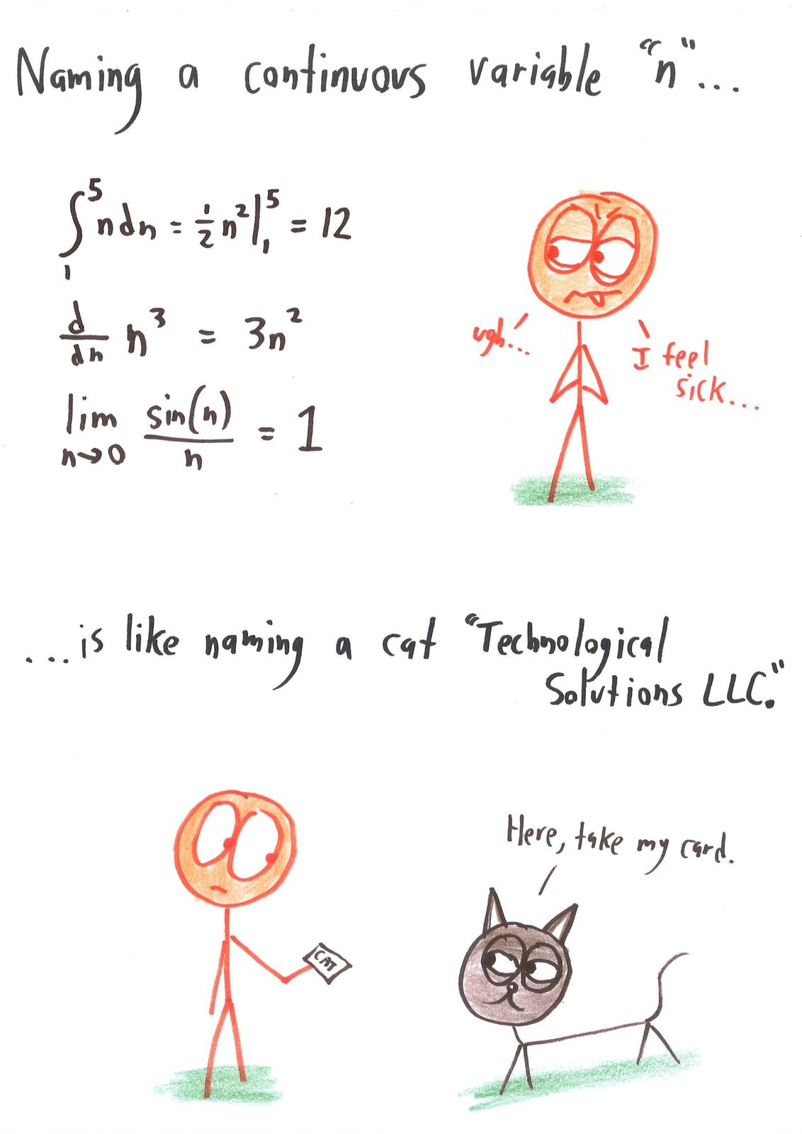 Three crimes of notation compared to bad names: a continuous variable called n (a cat called 'Technological Solutions LLC'), an input called f (a start-up called 'Catherine'), and a standard deviation called μ (a child called 'Señor Whiskers'). (panel 1 of 3)
