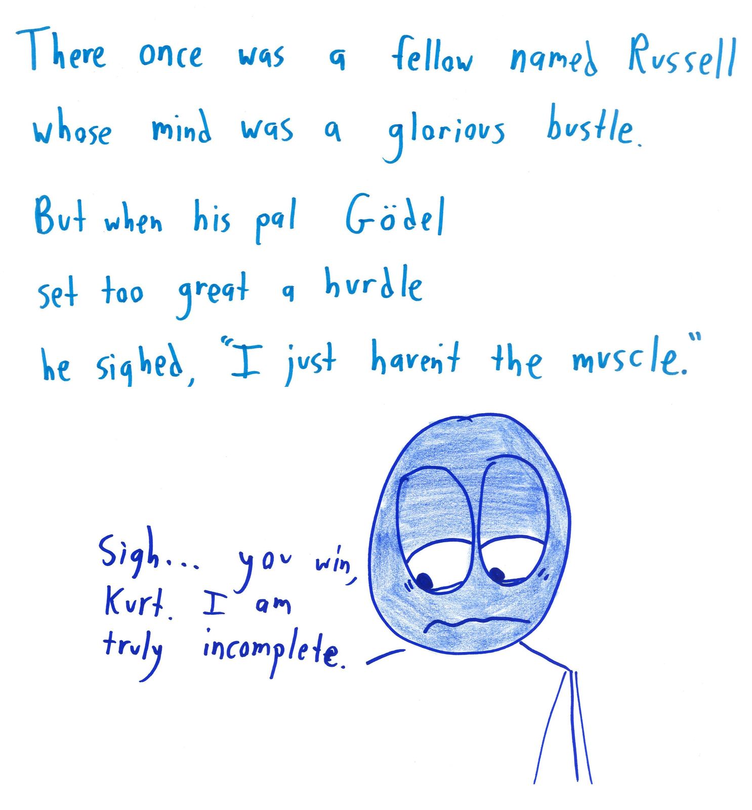 Nine math limericks: a constant function, Russell and Gödel, a non-unit vector named u, twin primes, an obtuse angle, the Dirichlet function, a lemma, the converse error, and the median's code. (panel 2 of 9)