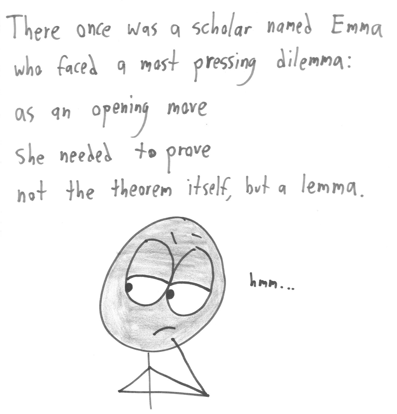Nine math limericks: a constant function, Russell and Gödel, a non-unit vector named u, twin primes, an obtuse angle, the Dirichlet function, a lemma, the converse error, and the median's code. (panel 7 of 9)