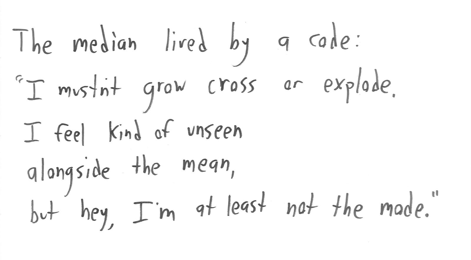 Nine math limericks: a constant function, Russell and Gödel, a non-unit vector named u, twin primes, an obtuse angle, the Dirichlet function, a lemma, the converse error, and the median's code. (panel 9 of 9)