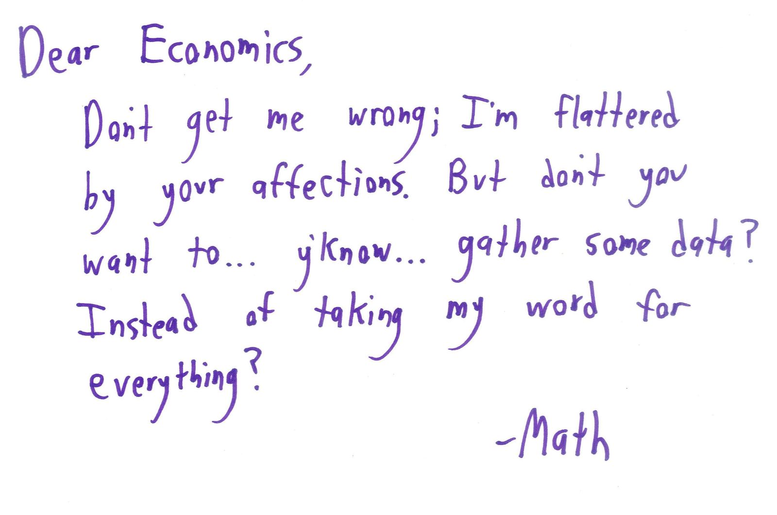Ten handwritten letters from Math to economics, Congress, students, physics, computer science, standardized tests, poetry, human behavior, an impulse shopper and textbooks. (panel 1 of 10)