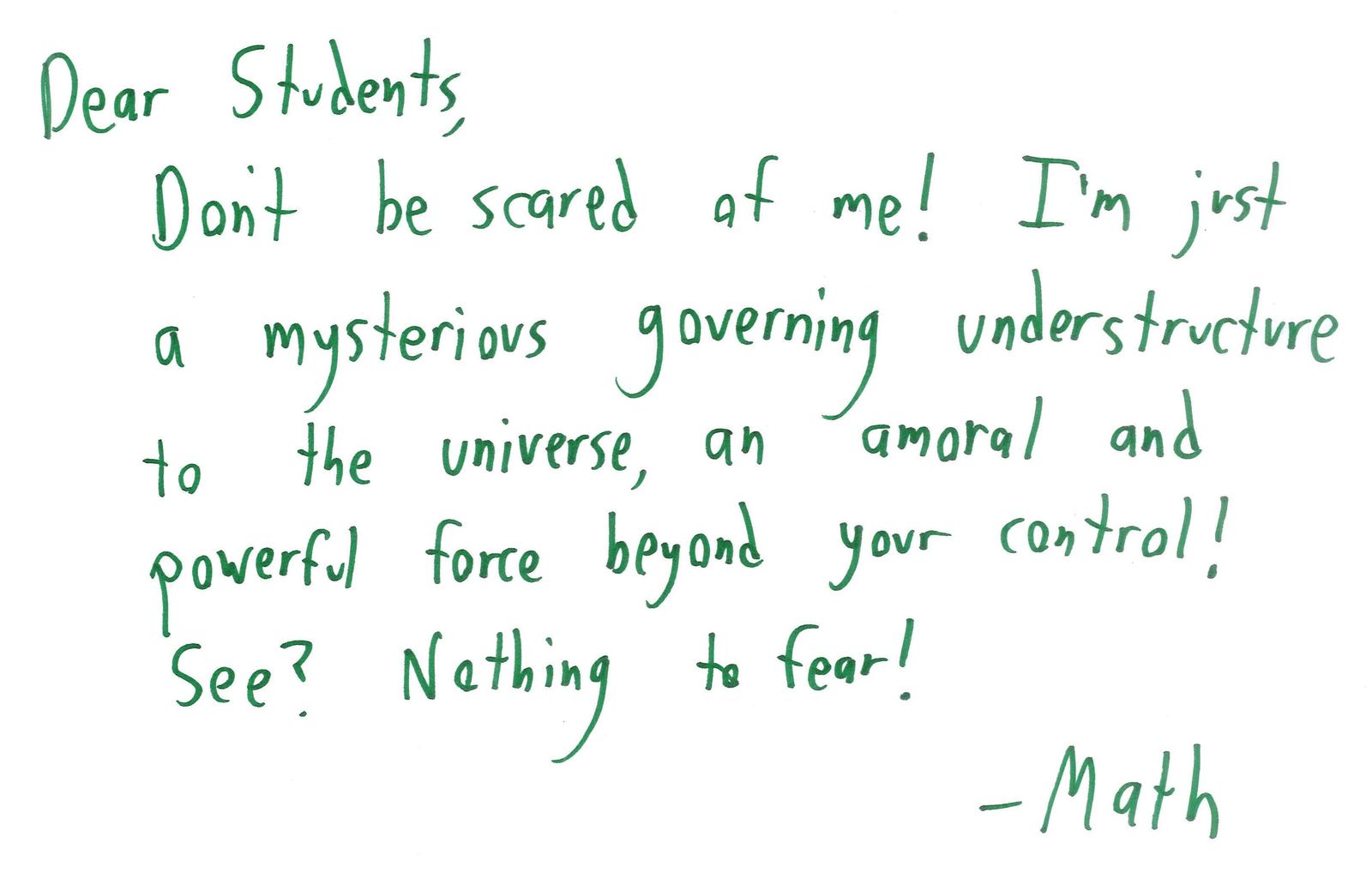Ten handwritten letters from Math to economics, Congress, students, physics, computer science, standardized tests, poetry, human behavior, an impulse shopper and textbooks. (panel 3 of 10)