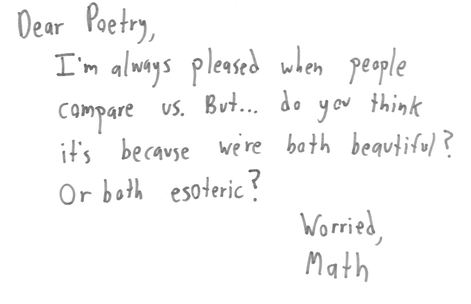 Ten handwritten letters from Math to economics, Congress, students, physics, computer science, standardized tests, poetry, human behavior, an impulse shopper and textbooks. (panel 7 of 10)