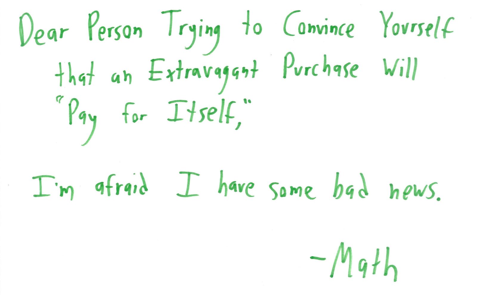 Ten handwritten letters from Math to economics, Congress, students, physics, computer science, standardized tests, poetry, human behavior, an impulse shopper and textbooks. (panel 9 of 10)