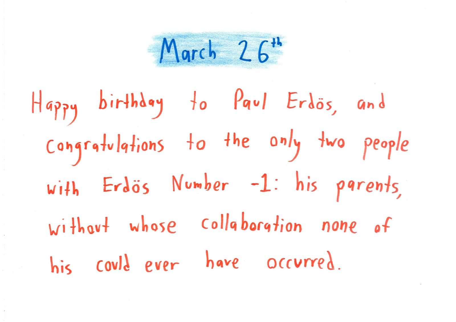 Text only: a birthday tribute to Paul Erdős, joking that his parents have Erdős number −1.