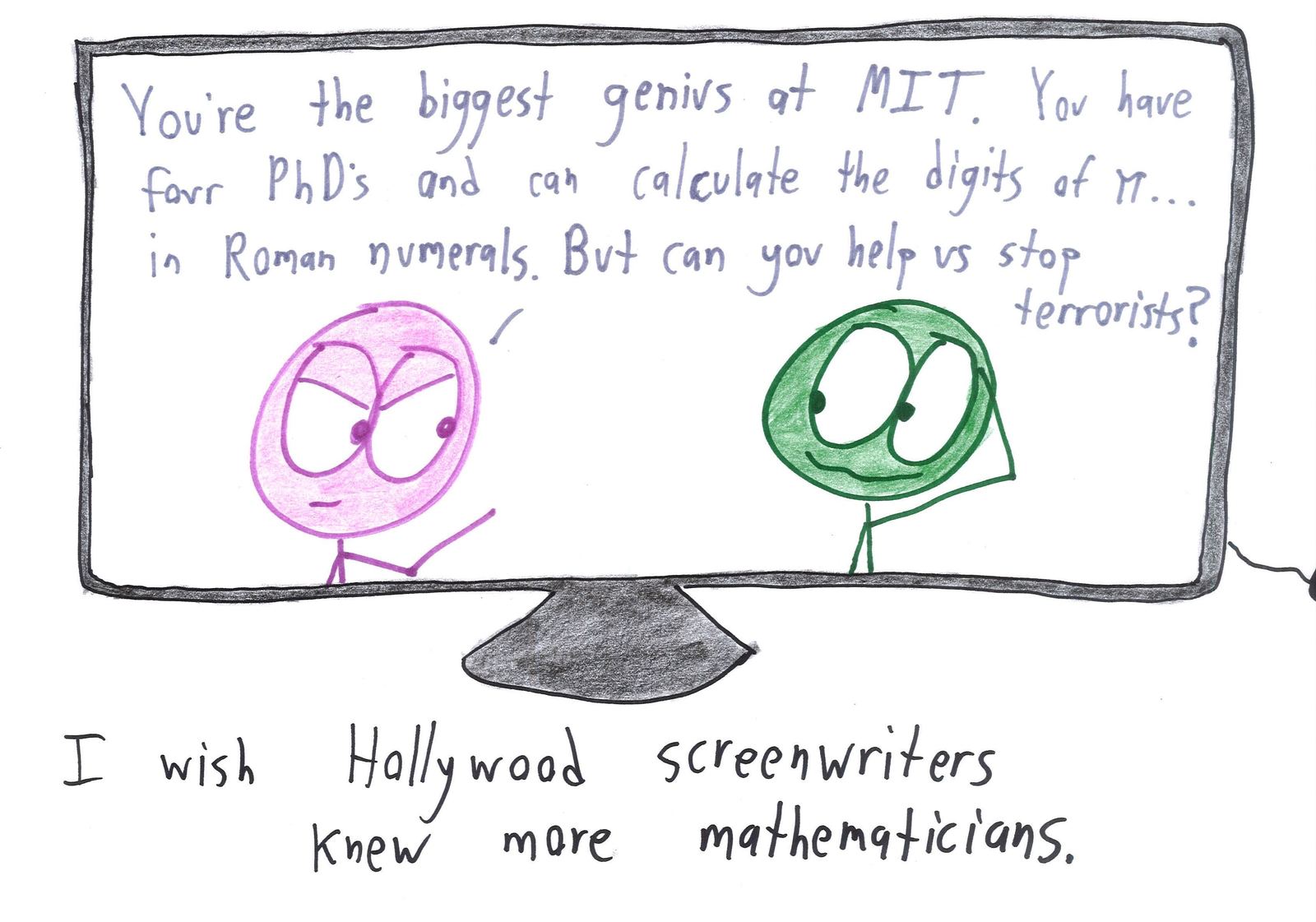 A TV scene of a government agent recruiting an MIT genius with absurd credentials, mocking how movies portray mathematicians.