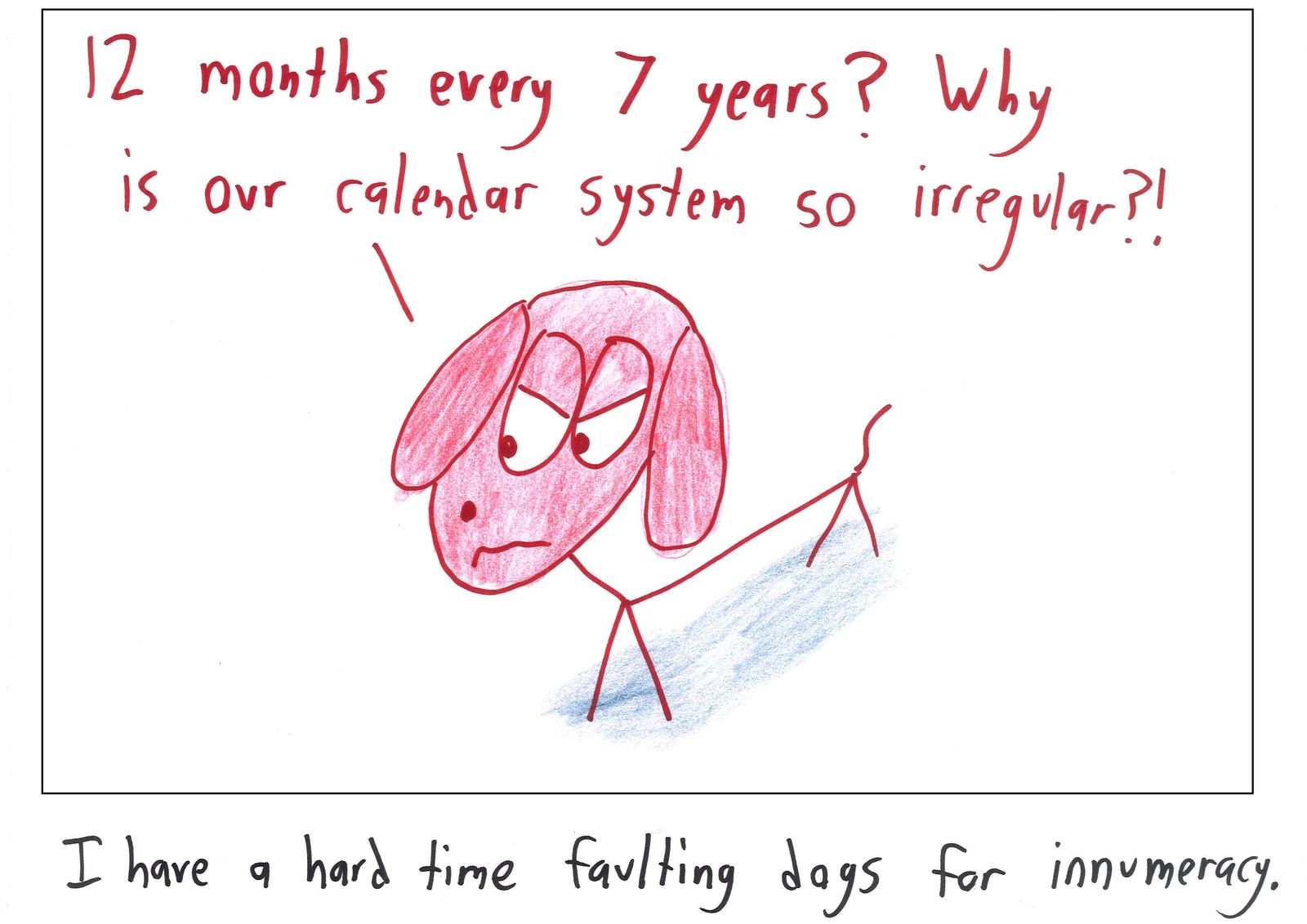 An annoyed dog complains about a calendar based on the 'dog years' conversion of 7 human years per dog year.