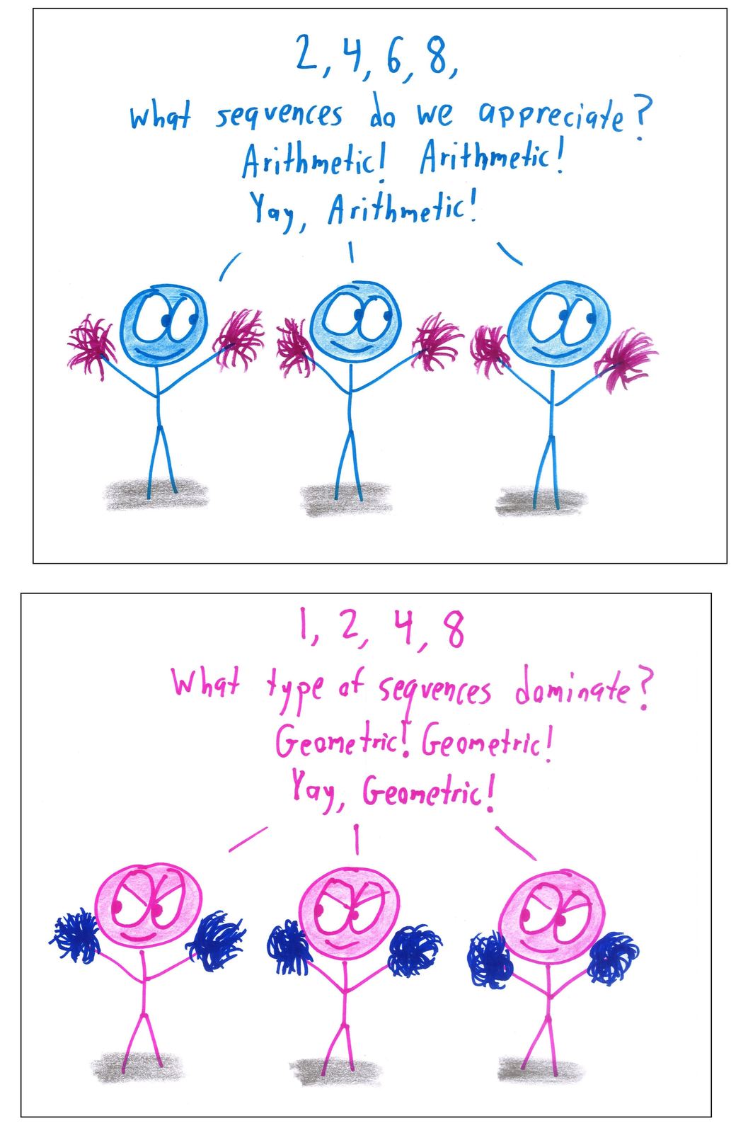 Two rival cheer squads chant for arithmetic and geometric sequences; the geometric squad looks smug about growing faster.