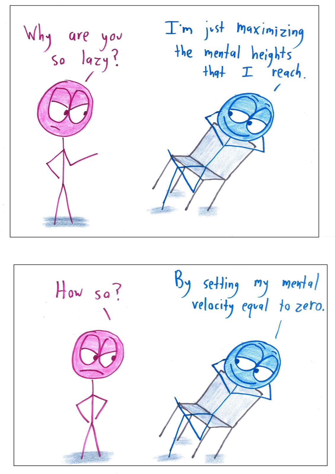 A slacker in a tilted chair justifies laziness with the calculus rule that maxima occur where the derivative is zero.