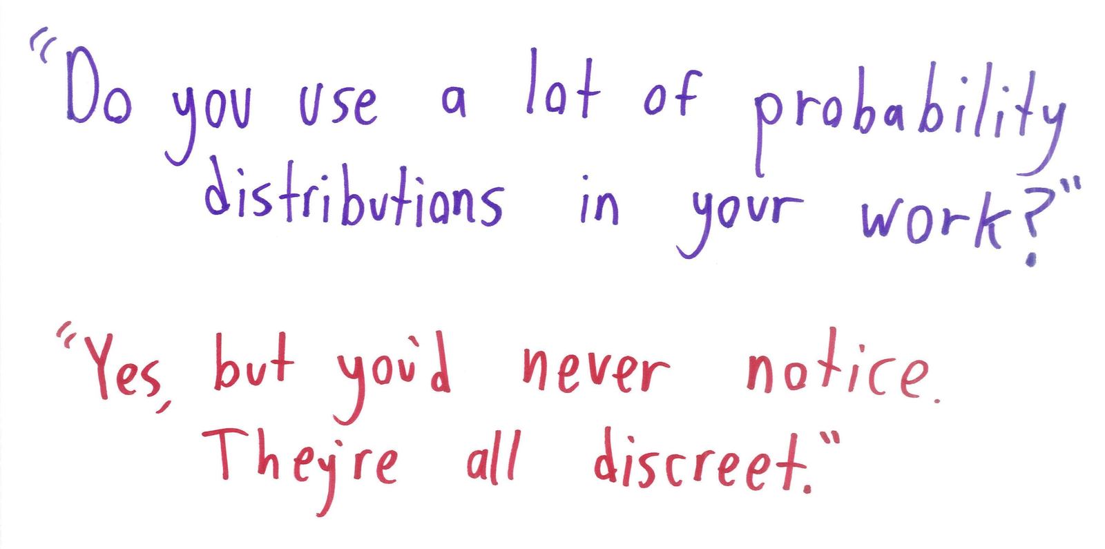 Text-only pun on discrete vs. discreet probability distributions.