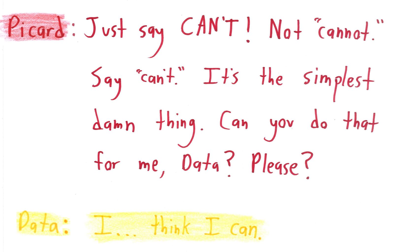 Five-part Star Trek: TNG parody: Captain Picard loses patience with the android Data's inability to use contractions. (panel 4 of 5)
